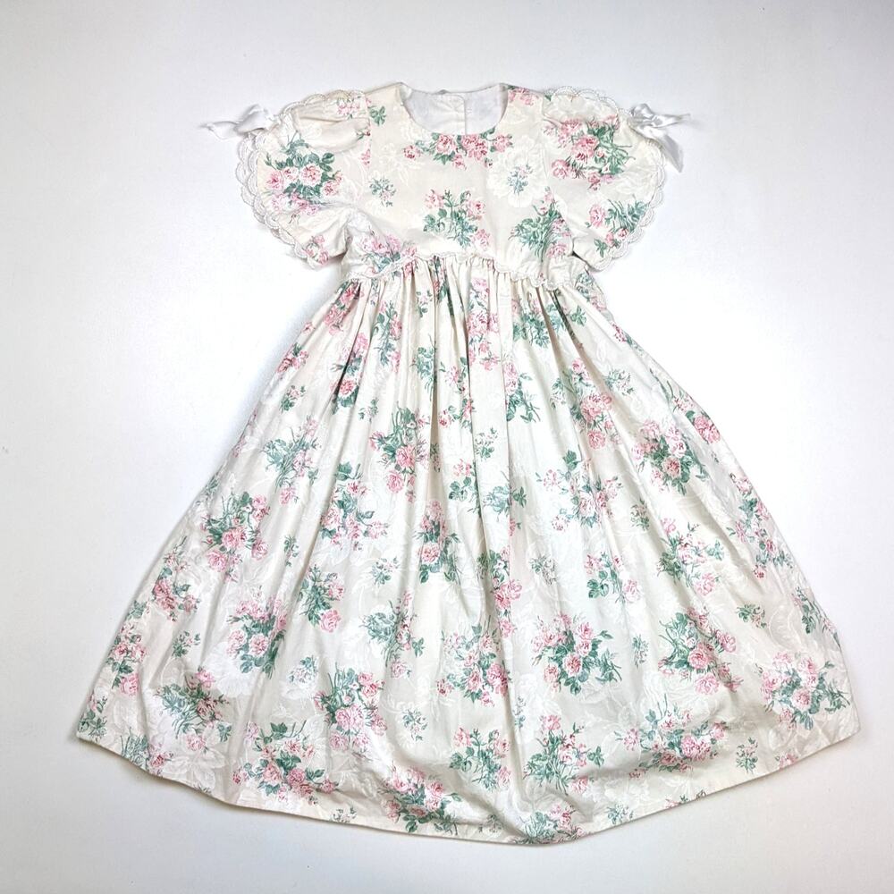 Vintage Handmade Dress Girls Size 10 Cream Floral Party Fancy Dainty Cottagecore
